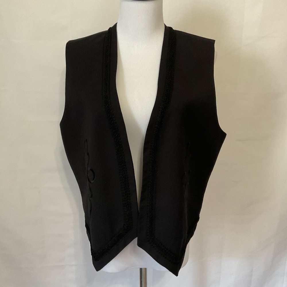 Joyce “Made in the USA” black open front vest with embroidery and brocade